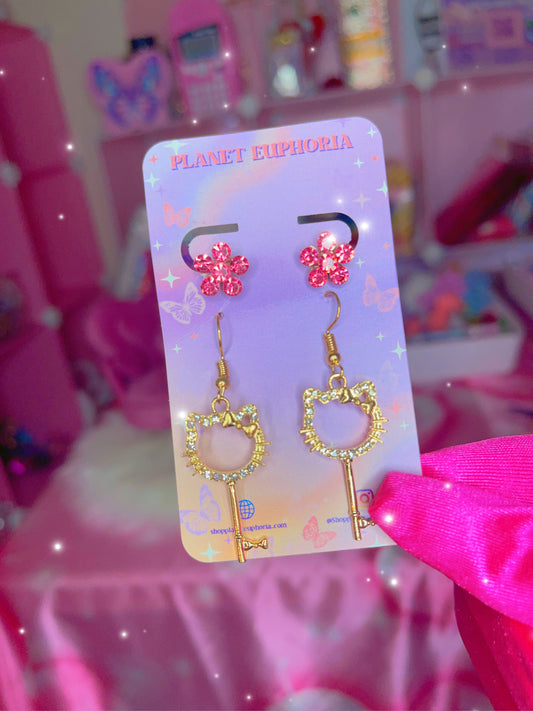 Hello Kitty Key Charm  Flower Earring set